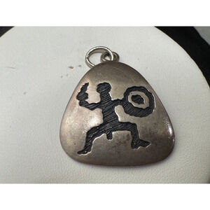 Signed Native American Sterling Pendant Charm Warrior Dancer Petroglyph